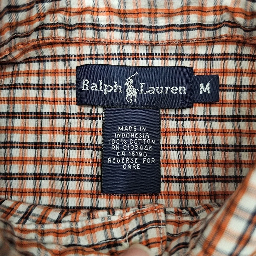 Ralph Lauren Boys Medium Button Up Orange Plaid Short Sleeve Shirt Preppy Casual